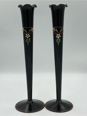 Antique Pair of Maryland Glass Black Amethyst Glass Art Deco Vase Hand Painted